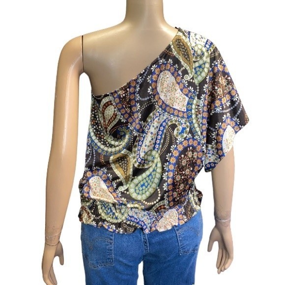 90s Rampage Top One shoulder Satin Paisley print Brown Smocked Waist Size L - Picture 3 of 11